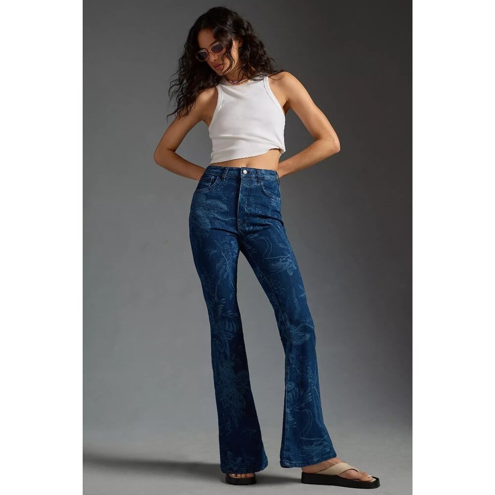 Pilcro Blue Floral High Rise Flared‎ Icon Jeans Size 34 Womens Denim
